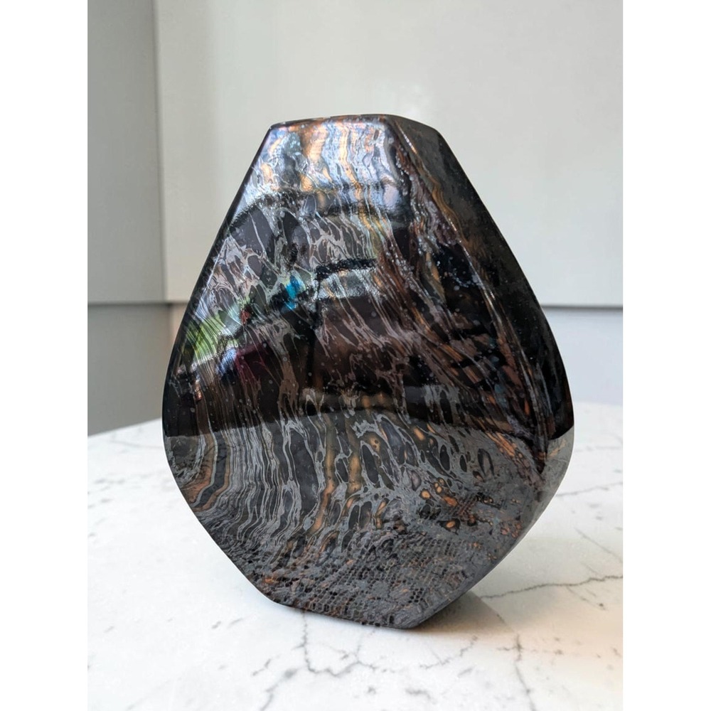 Vintage Haeger Pottery Vase Black Copper Silver Metallic Swirl Art Deco 1993
